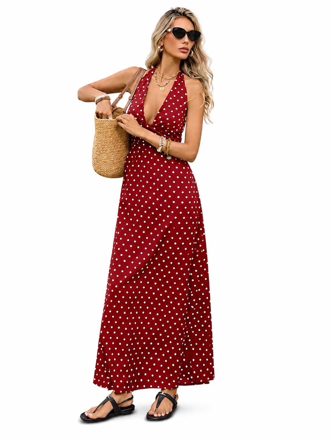 Casual Dot Slim V-neck Long Dresses For Women 2026 Fashion Summer Women's A-Line Midi Dress Elegant Vintage Dresses