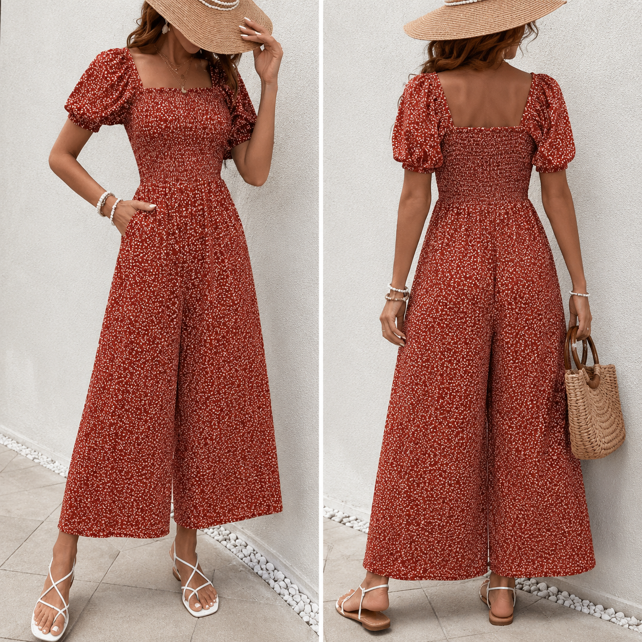Woman Square-neck Puff Sleeve Printed Summer Jumpsuit