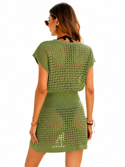 Women Hollow Out Crochet Knit Beach Cover Up Dress, V Neck Drawstring Waist Side Slit Sheer Mini Dress, New Popular Swimsuit Bikini Cover Ups For Summer Vacation