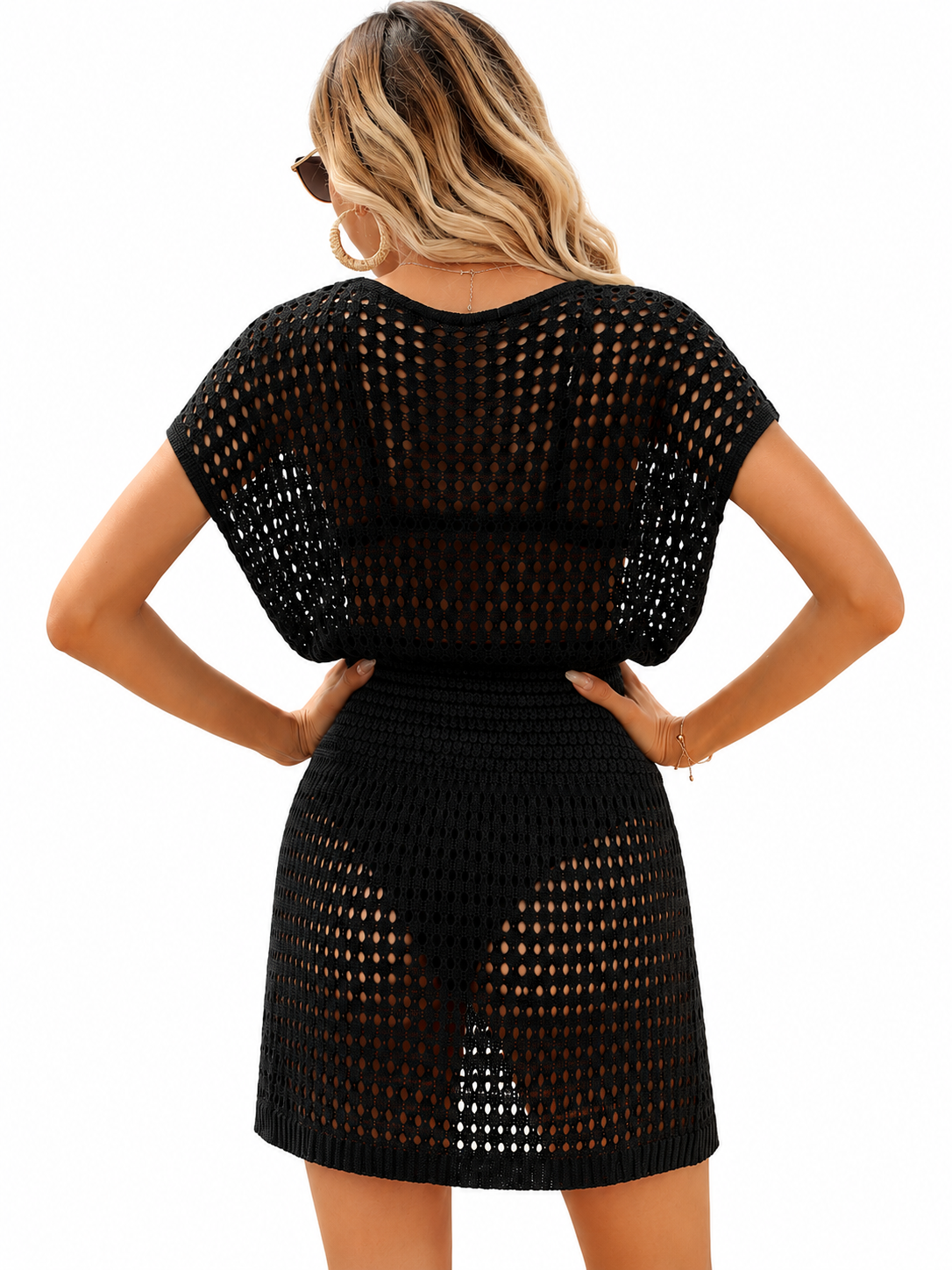 Women Hollow Out Crochet Knit Beach Cover Up Dress, V Neck Drawstring Waist Side Slit Sheer Mini Dress, New Popular Swimsuit Bikini Cover Ups For Summer Vacation