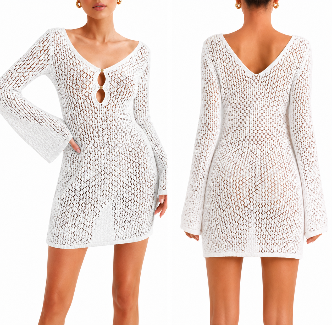 Saodimallsu Womens Crochet Swimsuit Coverup Summer Sexy V Neck Long Bell Sleeve Mesh Knit Bikini Cover Ups Beach Dresses