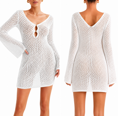 Saodimallsu Womens Crochet Swimsuit Coverup Summer Sexy V Neck Long Bell Sleeve Mesh Knit Bikini Cover Ups Beach Dresses