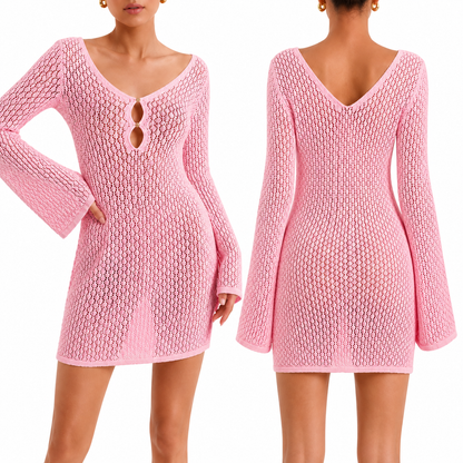 Saodimallsu Womens Crochet Swimsuit Coverup Summer Sexy V Neck Long Bell Sleeve Mesh Knit Bikini Cover Ups Beach Dresses