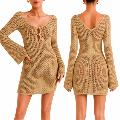 Saodimallsu Womens Crochet Swimsuit Coverup Summer Sexy V Neck Long Bell Sleeve Mesh Knit Bikini Cover Ups Beach Dresses