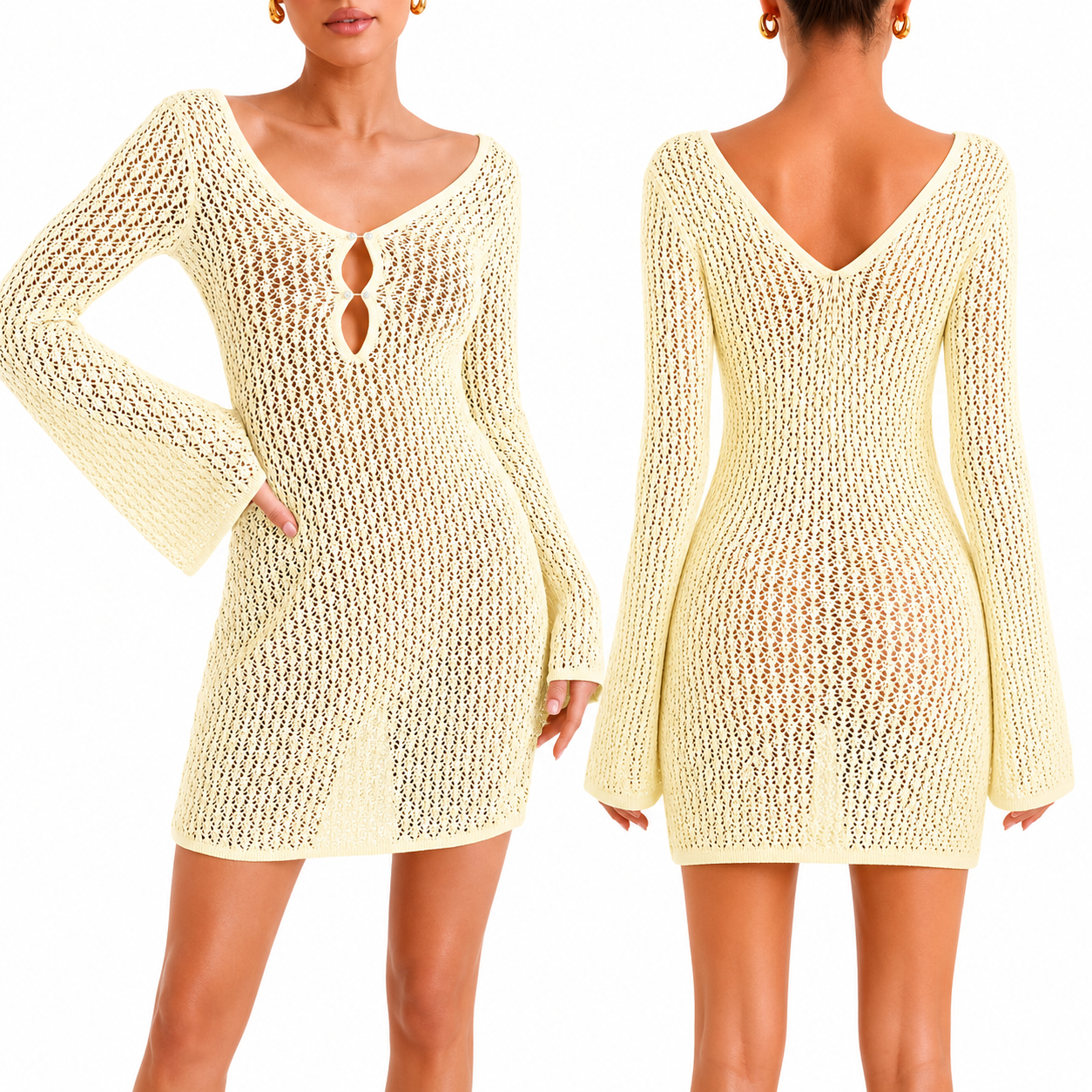 Saodimallsu Womens Crochet Swimsuit Coverup Summer Sexy V Neck Long Bell Sleeve Mesh Knit Bikini Cover Ups Beach Dresses