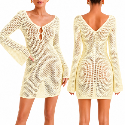 Saodimallsu Womens Crochet Swimsuit Coverup Summer Sexy V Neck Long Bell Sleeve Mesh Knit Bikini Cover Ups Beach Dresses