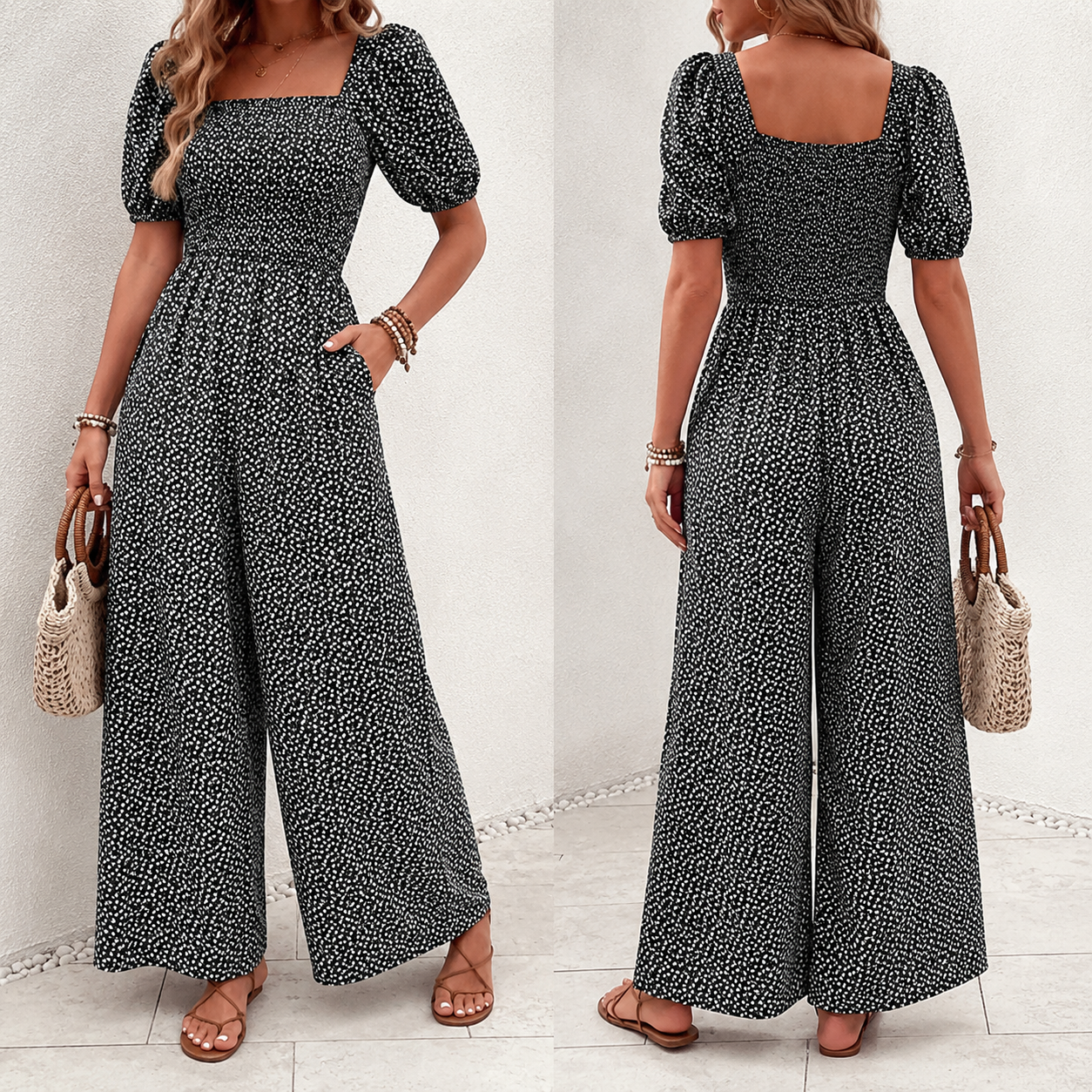 Woman Square-neck Puff Sleeve Printed Summer Jumpsuit