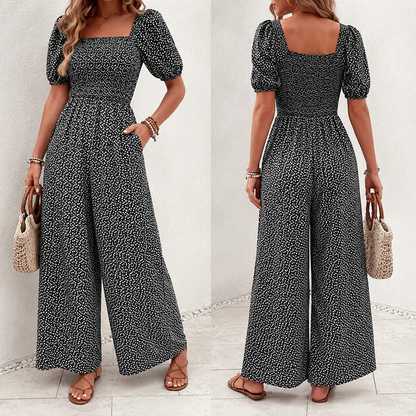 Woman Square-neck Puff Sleeve Printed Summer Jumpsuit