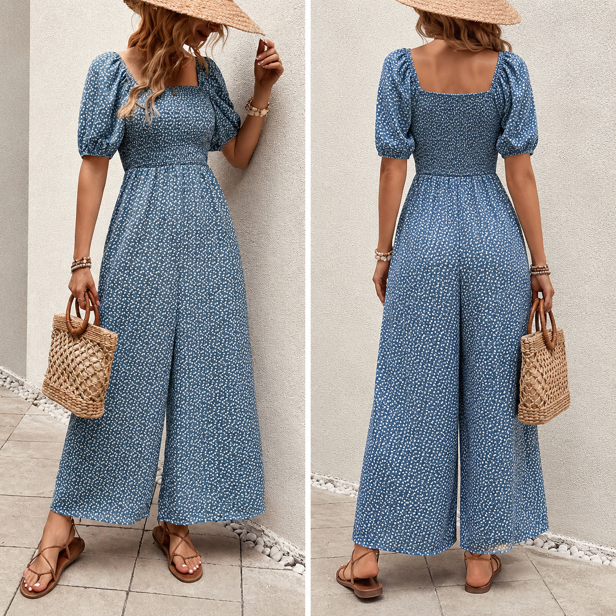 Woman Square-neck Puff Sleeve Printed Summer Jumpsuit