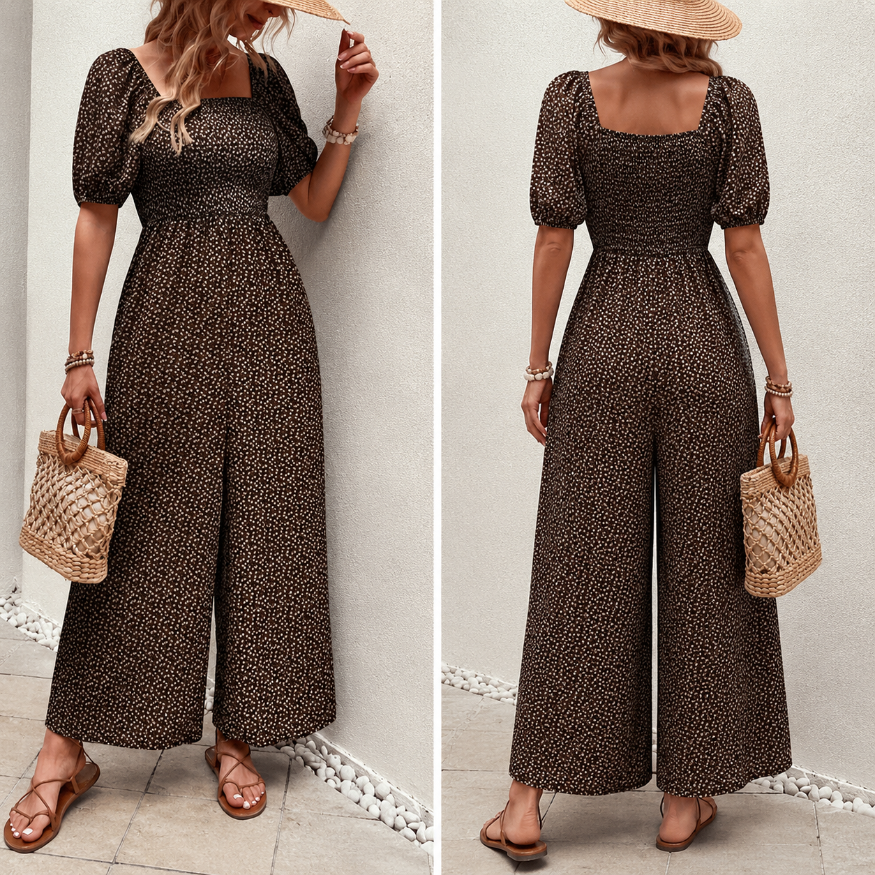 Woman Square-neck Puff Sleeve Printed Summer Jumpsuit