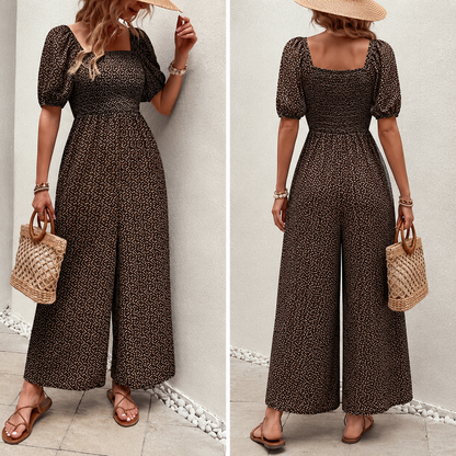Woman Square-neck Puff Sleeve Printed Summer Jumpsuit