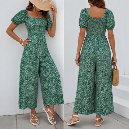 Woman Square-neck Puff Sleeve Printed Summer Jumpsuit