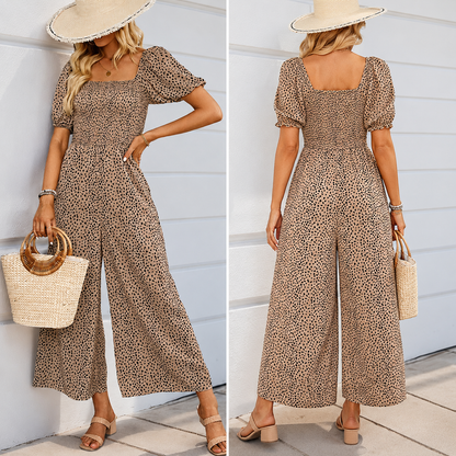 Woman Square-neck Puff Sleeve Printed Summer Jumpsuit