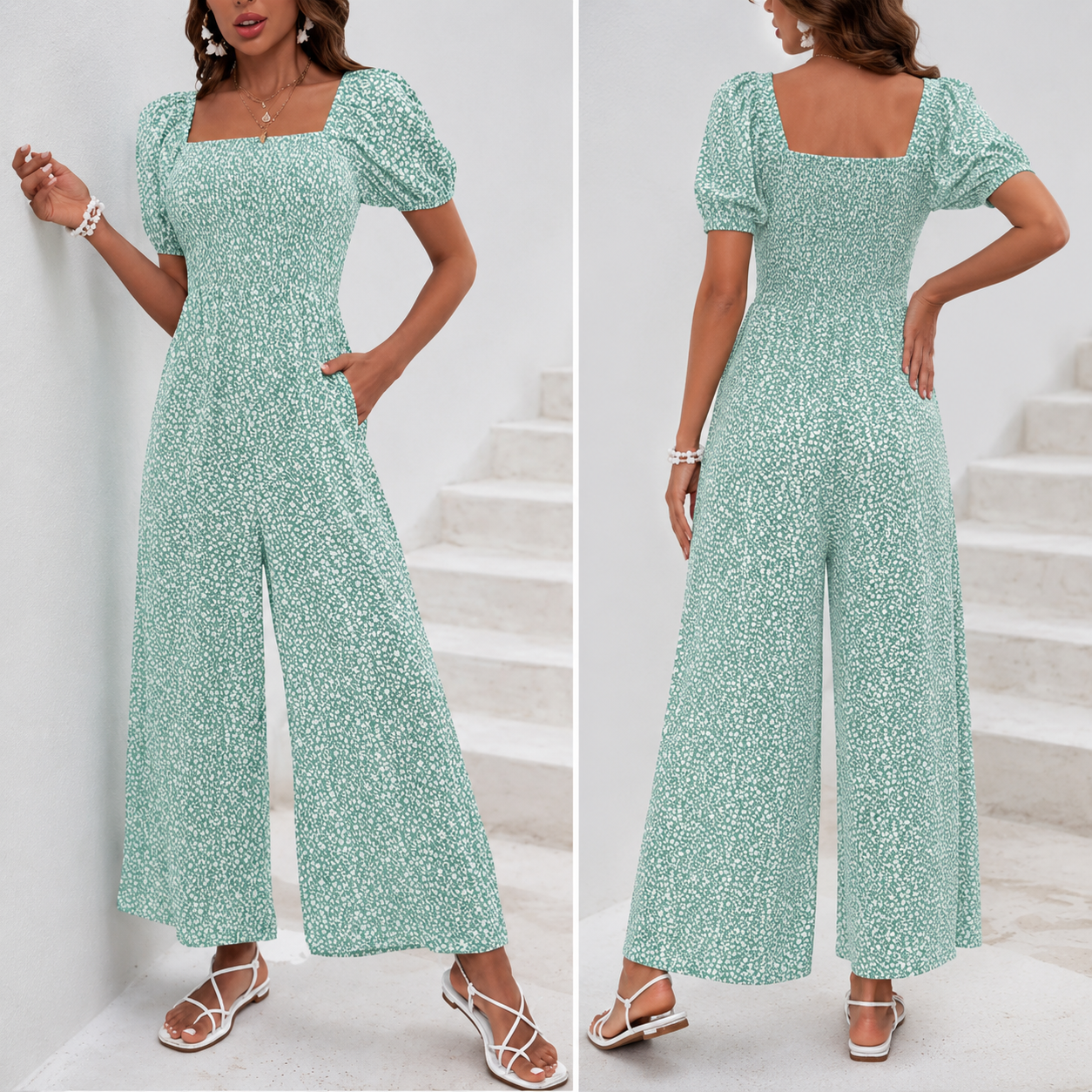 Woman Square-neck Puff Sleeve Printed Summer Jumpsuit