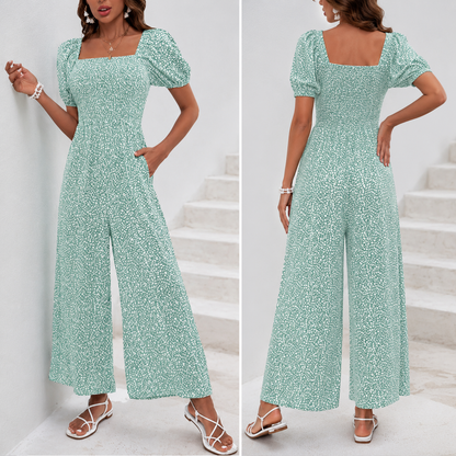 Woman Square-neck Puff Sleeve Printed Summer Jumpsuit