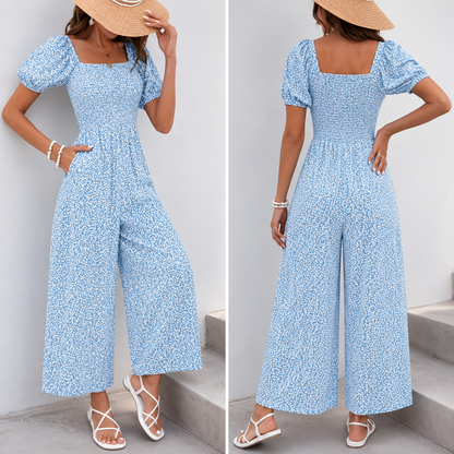 Woman Square-neck Puff Sleeve Printed Summer Jumpsuit