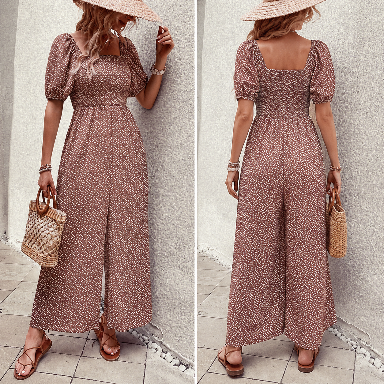 Woman Square-neck Puff Sleeve Printed Summer Jumpsuit