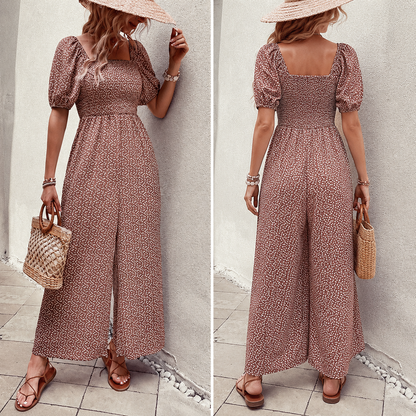 Woman Square-neck Puff Sleeve Printed Summer Jumpsuit
