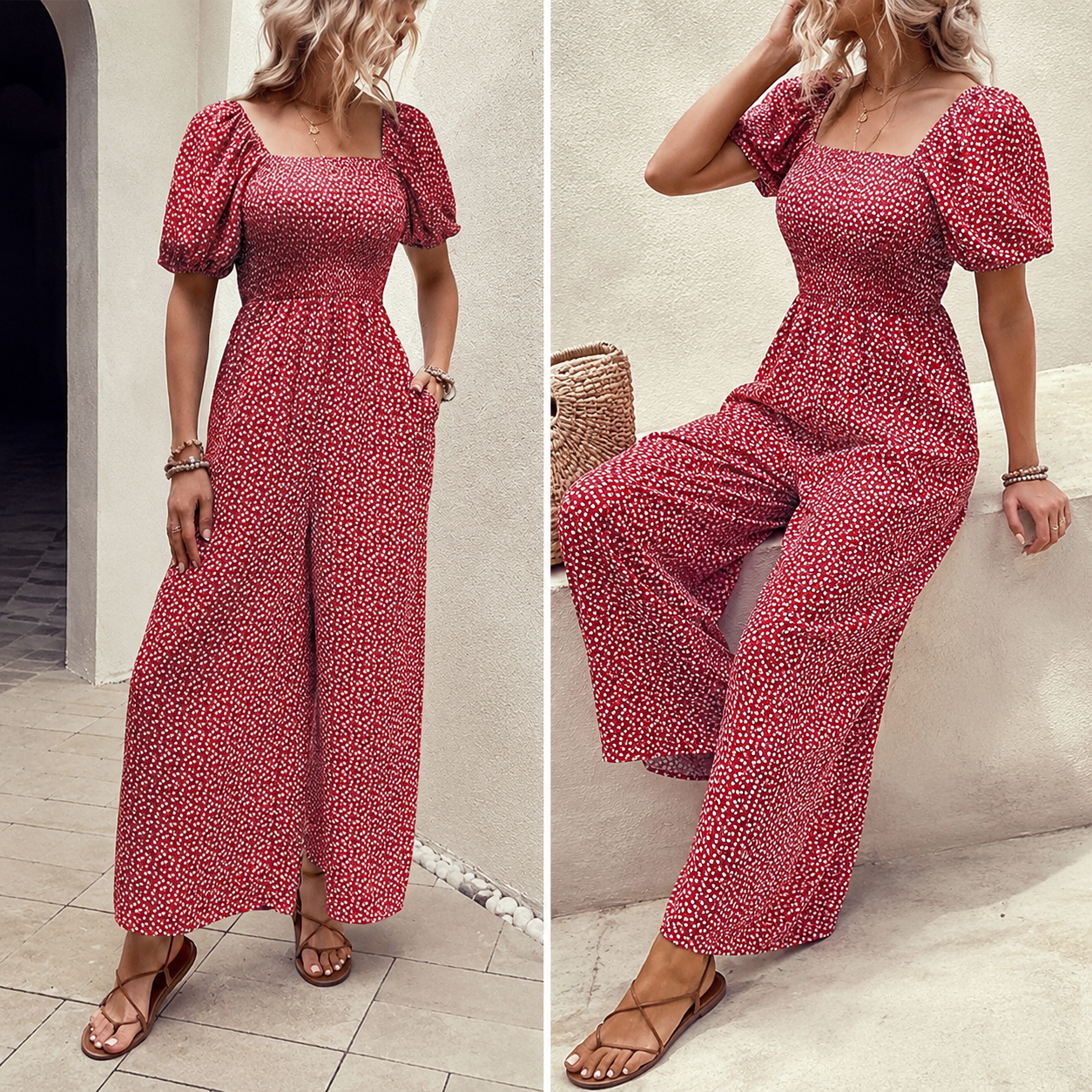 Woman Square-neck Puff Sleeve Printed Summer Jumpsuit