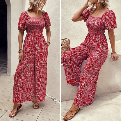 Woman Square-neck Puff Sleeve Printed Summer Jumpsuit