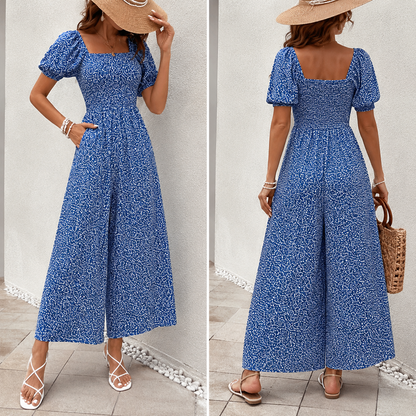 Woman Square-neck Puff Sleeve Printed Summer Jumpsuit