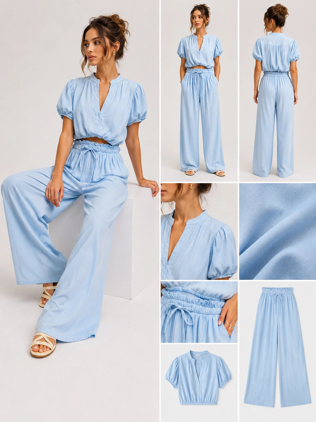 Bubble Sleeve V-Neck Wide-Leg Set