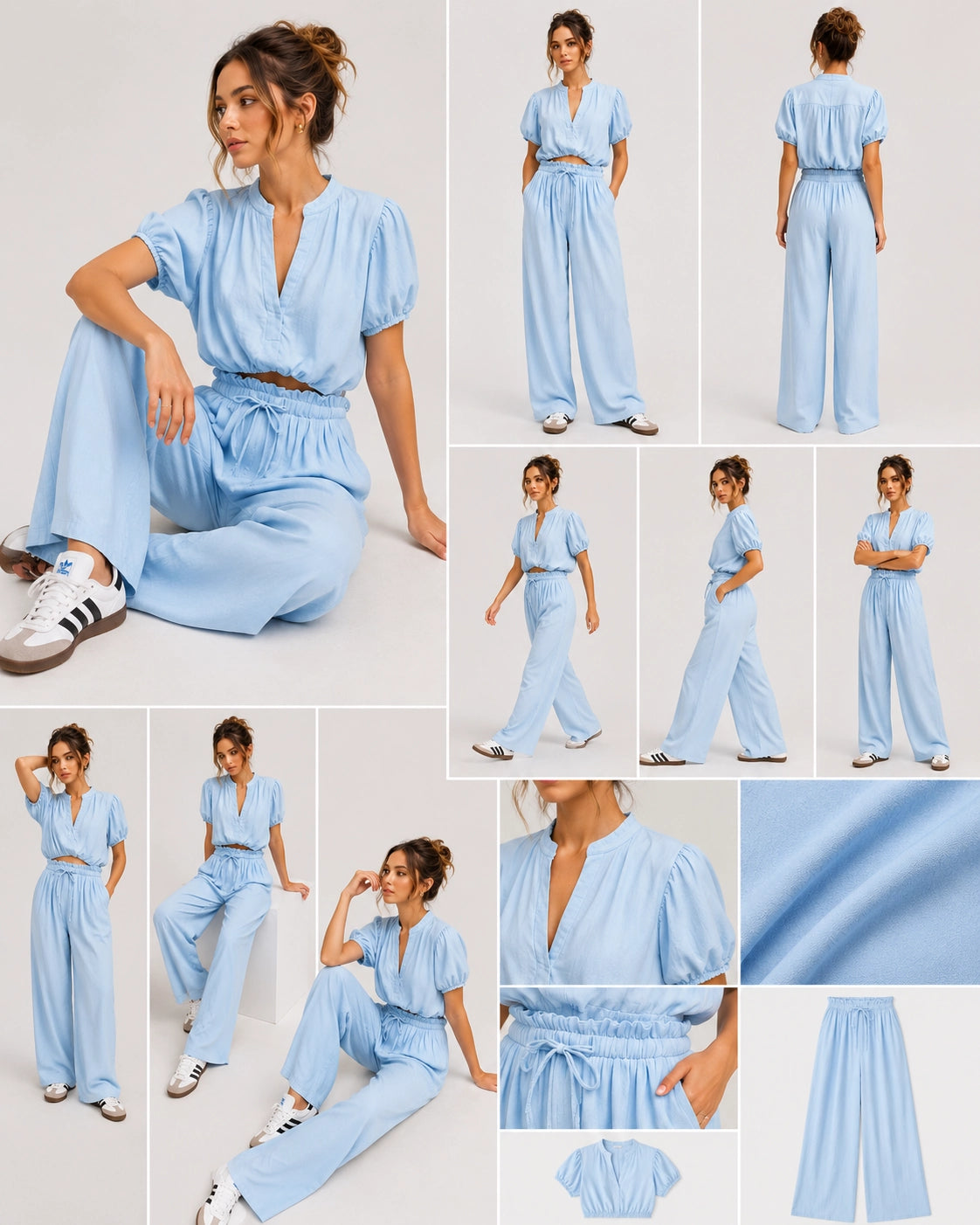Bubble Sleeve V-Neck Wide-Leg Set