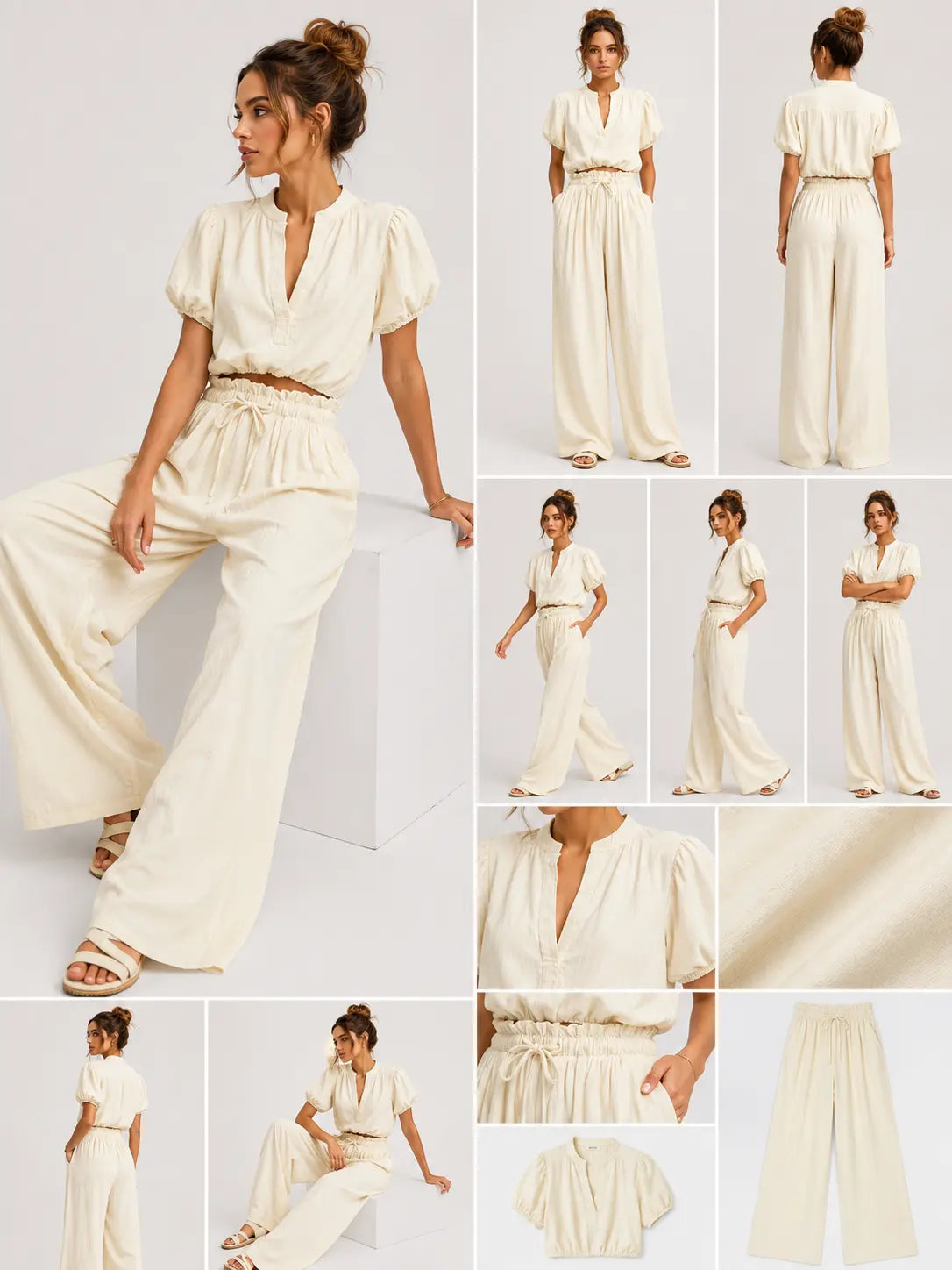 Bubble Sleeve V-Neck Wide-Leg Set