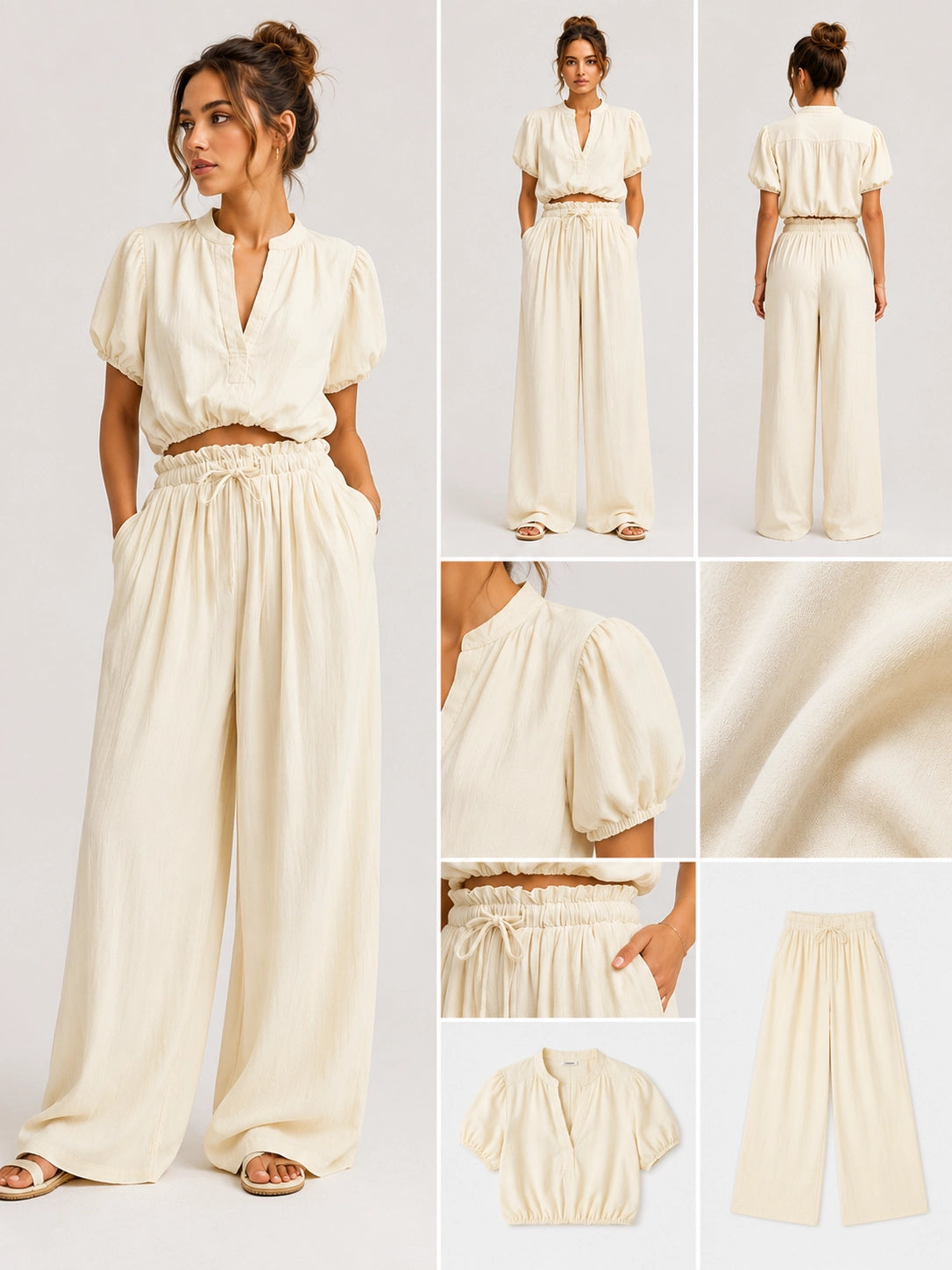 Bubble Sleeve V-Neck Wide-Leg Set