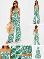 Printed Suspender Wide-Leg Trouser Suit